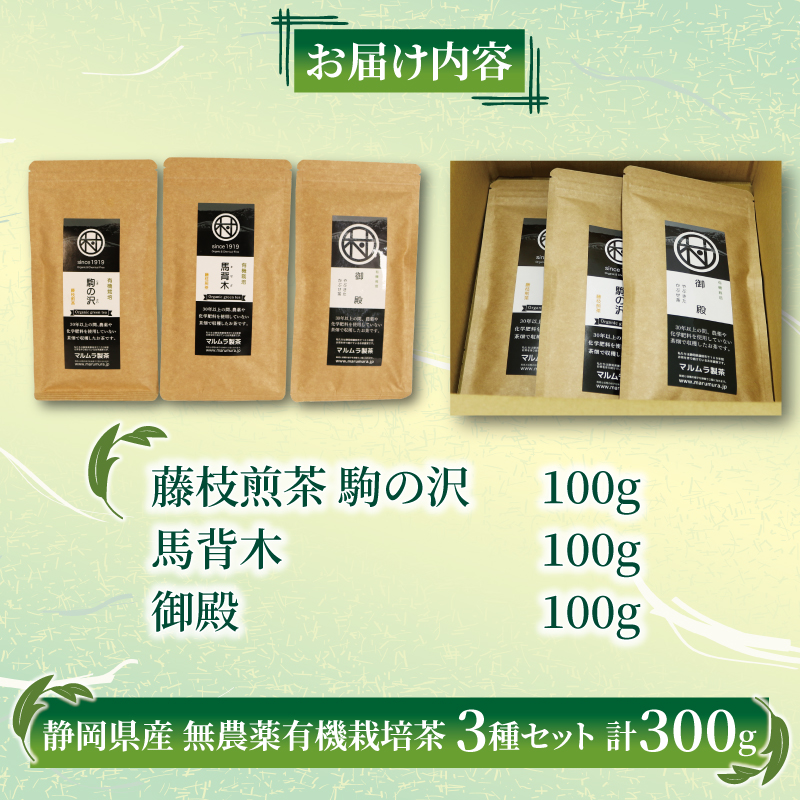 有機 栽培 藤枝 煎茶 3種セット 100g×3個 計300g 無農薬 煎茶 有機栽培 お茶 静岡茶 贈答 ギフト お取り寄せ マルムラ製茶 静岡県産 藤枝