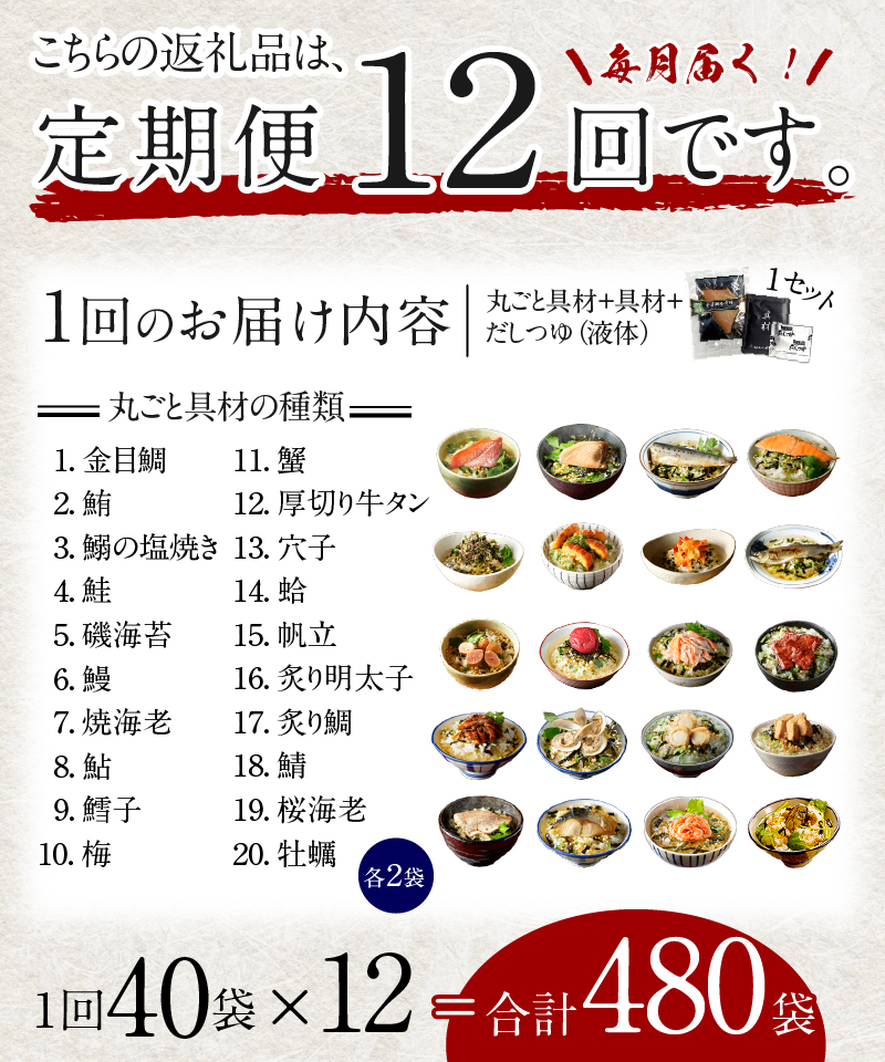 ＜山年園＞【毎月届く定期便・定期購入】「全12回」高級お茶漬けセット（全40食セット）