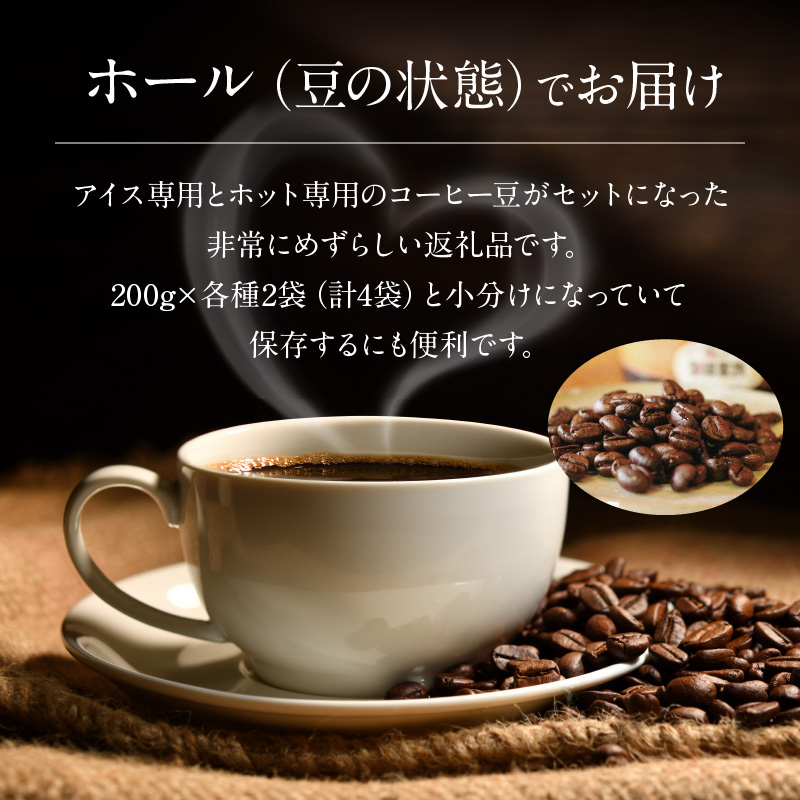 【極深煎り】アイス専用＆ホット専用 コーヒー豆800g（200g×各種2袋） ～お家で楽しむ自家焙煎の香り高いコーヒー～　H163-017