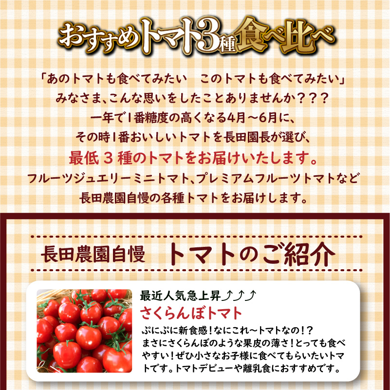 【個数限定】おすすめトマト3種 食べ比べ 1.2～1.5kg　長田農園しかできない夢の共演 野菜ソムリエサミット 金賞 受賞 長田農園 産地直送 トマト とまと 野菜 やさい フルーツ サラダ 濃厚 甘い ご褒美 プレゼント 美容 健康 リピート多数 人気 高評価 数量限定 碧南市 H004-148
