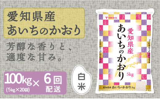 【精米】6回定期便 愛知県産あいちのかおり 100kg（5kg×20袋）　安心安全なヤマトライス 米 白米 国産 大容量 5キロ こめ コメ ごはん　H074-616