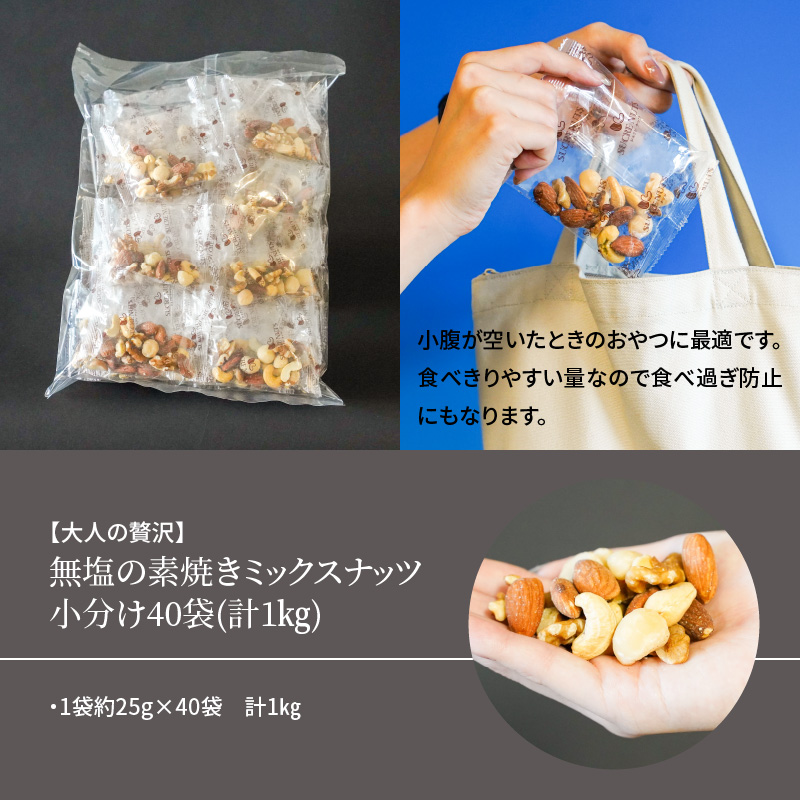 【半年定期便 隔月3回】無塩の素焼きミックスナッツ　小分け40袋(計1kg)  アーモンド カシューナッツ くるみ 直火焙煎 栄養豊富 おつまみ おやつ 大満足  美容 健康 人気 高リピート　H059-131