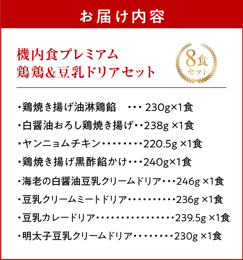 【高度10,000メートル 天空レストランからの贈物】「機内食よくばり鶏鶏＆ヘルシー豆乳ドリア ８食セット（各1食）」 お弁当 お手軽 時短料理 レンジ 冷凍食品 おかず 旅行 飛行機 機内食 H167-026