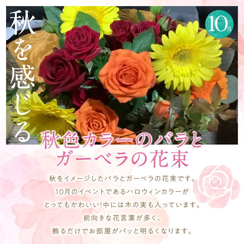 【全４回】季節感じる生花の定期便 (9月～12月に毎月お届け) 花 クリスマス お正月 リース クルクマ バラ 薔薇 ガーベラ マム 菊 H092-066