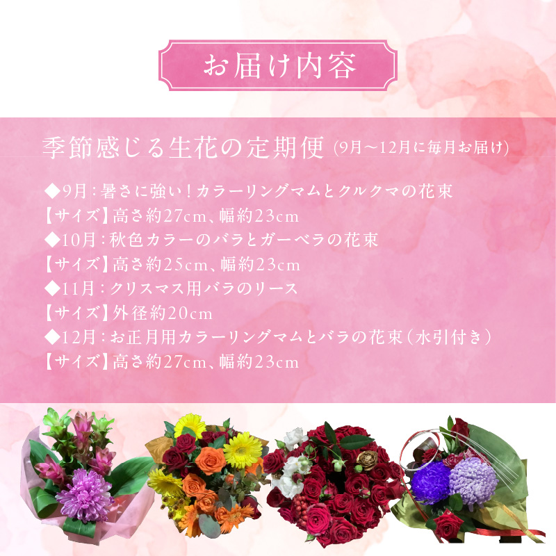 【全４回】季節感じる生花の定期便 (9月～12月に毎月お届け) 花 クリスマス お正月 リース クルクマ バラ 薔薇 ガーベラ マム 菊 H092-066