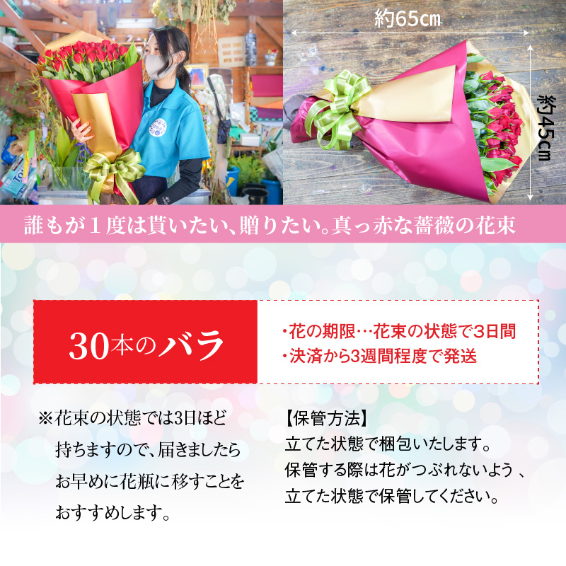 【豪華な30本】真っ赤なバラの花束　記念日や贈り物に　H092-061