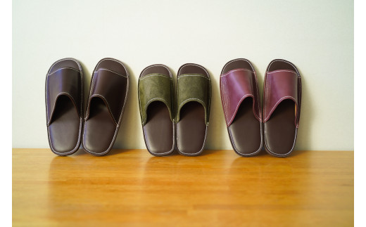 靴職人手作りの本革「スリッパ」　モスグリーン×ダークブラウン　小さめサイズ（キッズ、S、M） H066-032
