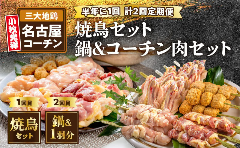 【半年に1回　計2回定期便】名古屋コーチン焼鳥セット・名古屋コーチン鍋&名古屋コーチン1羽分セット