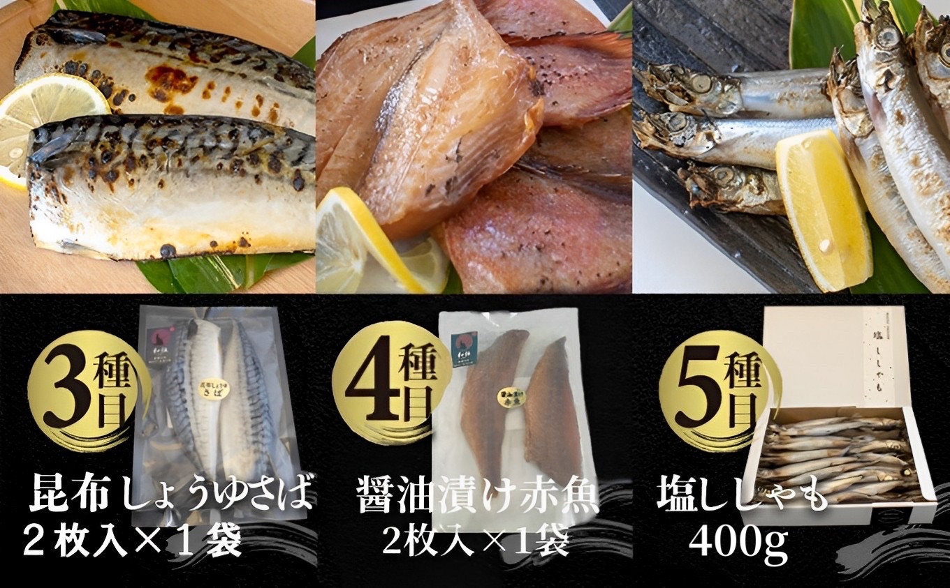 国内加工　水産物詰め合わせ　8種10点セット（炙りさば照り焼き・炙りさば塩だれ焼き・昆布しょうゆさば・醤油漬け赤魚・醤油ししゃも・塩ししゃも・特大ししゃも・ピリ辛ししゃも）