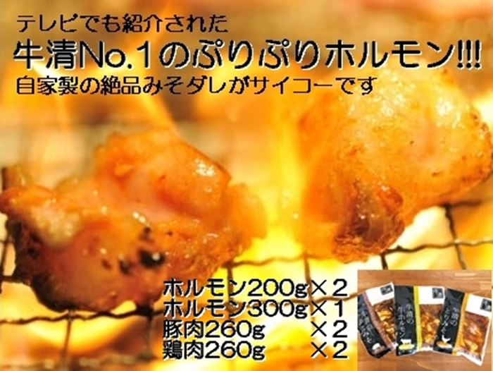 1515　自家製 みそダレ Lセット 牛ホルモン 200ｇ×２ 300ｇ×１ 豚肉 ×２ 鶏肉 ×２/ 黒毛和牛ホルモン 牛清 バーベキュー BBQ 牛肉 ぶた肉 とり肉 特製 味噌漬 味付 伊勢志摩 