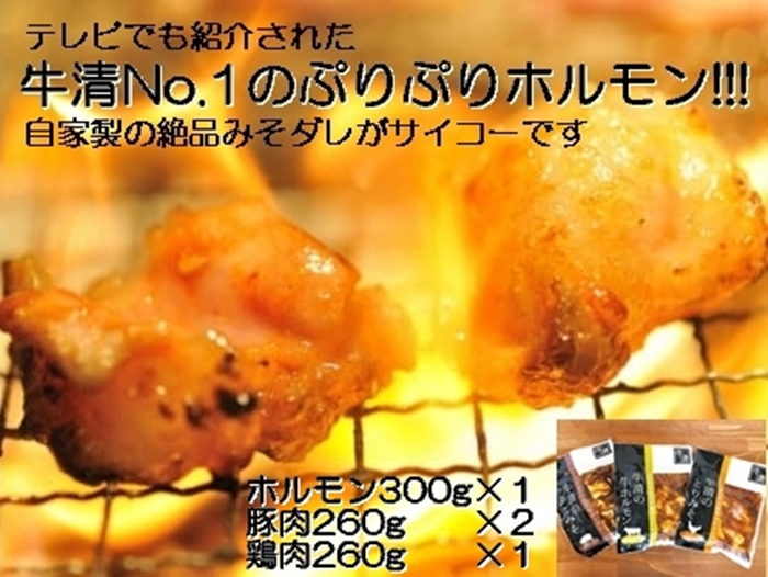 1508　自家製 みそダレ Eセット 牛 ホルモン 300ｇ×１ 豚肉 ×２ 鶏肉 ×１/ 黒毛和牛ホルモン 牛清 バーベキュー BBQ キャンプ 牛肉 ぶた肉 とり肉 特製 味噌漬 味付 伊勢志摩