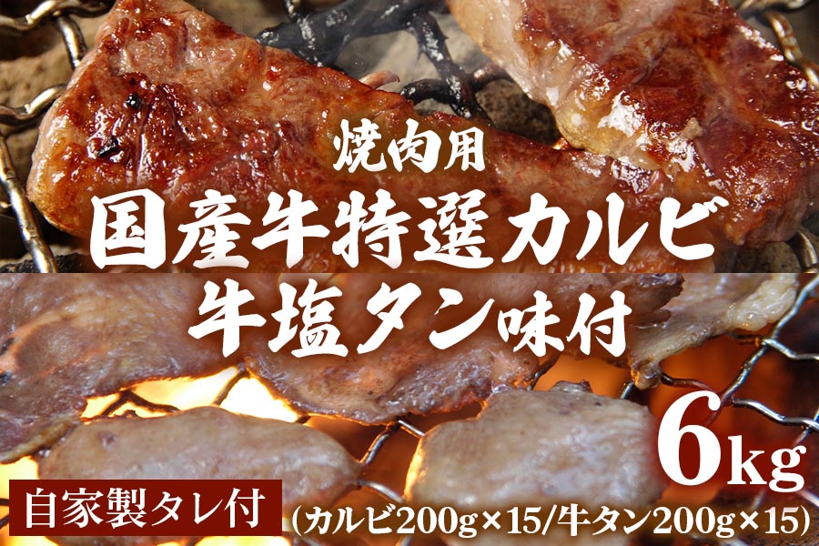 国産牛特選カルビ3kg (200g×15パック)＆牛塩タン味付3kg (200g×15