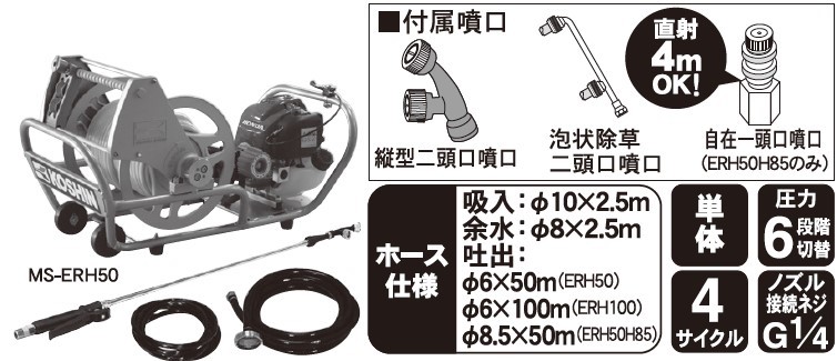 エンジン式小型動噴 MS-ERH50 6mm×50mホース 農業・園芸用 高木の消毒や除草用の動力噴霧機 [0832]