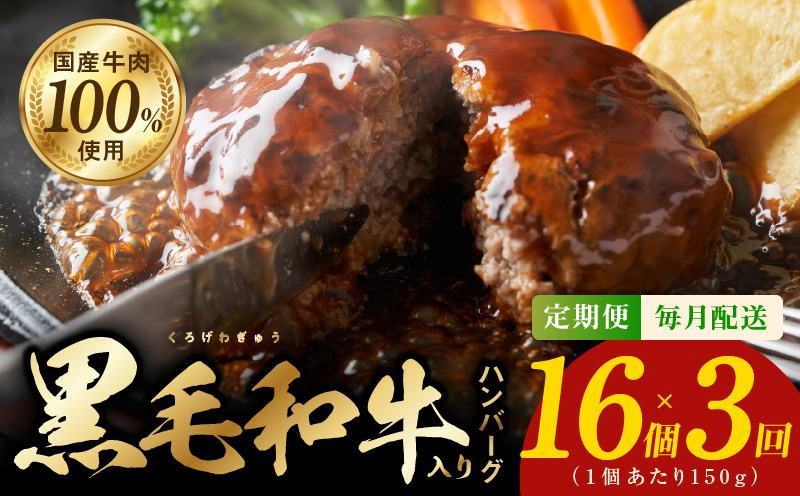 黒毛和牛入り 国産牛肉100％ ハンバーグ 定期便 16個×全3回 150gサイズ【毎月配送コース 個包装 ハンバーグ 牛肉 はんばーぐ 小分け 惣菜 冷凍 数量限定】 G975