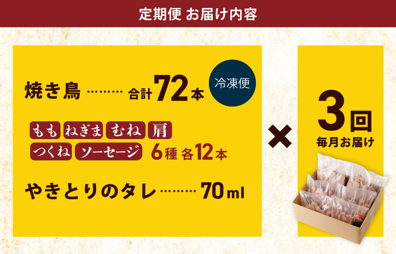 焼き鳥 定期便 6種72本×全3回 やきとりのタレ付き 個包装 お楽しみ【毎月配送コース】 G979