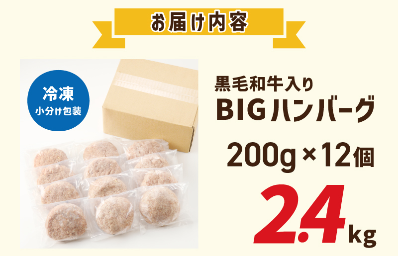 【期間限定】黒毛和牛入り BIGハンバーグ 総量2.4kg（200g×12個）泉州玉ねぎ使用 G873