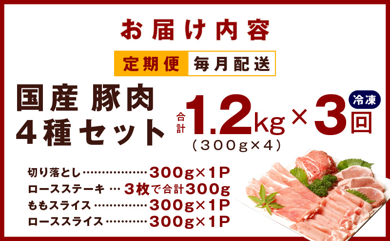 丸善味わい加工 国産 豚肉 4種セット 定期便 1.2kg×3回 小分け【毎月配送コース】 099Z137