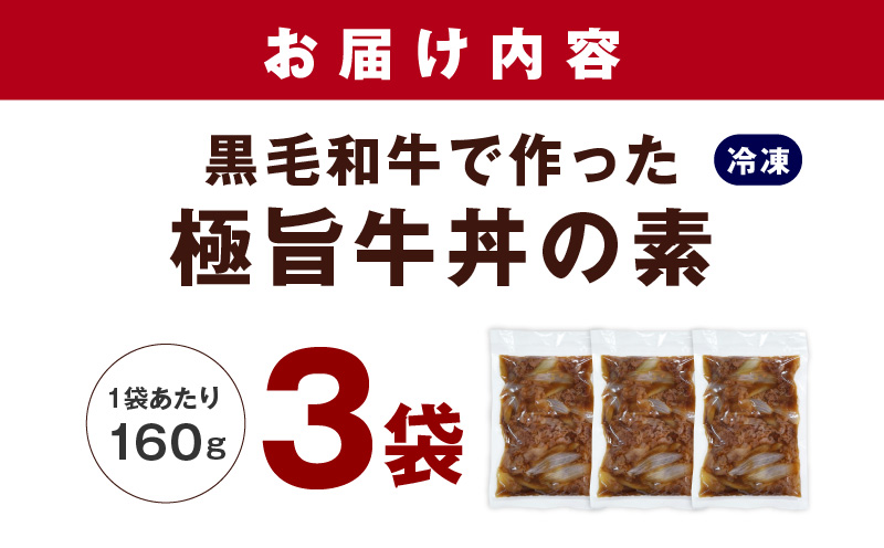 美味しくなってリニューアル！【黒毛和牛】で作った極旨牛丼の素（160g×3袋） 時短 簡単便利 レンチン 夜食 つまみにもオススメ G1334