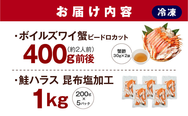 昆布塩加工 ボイルズワイ蟹 ビードロカット 400g前後 約2人前＆訳あり 鮭ハラス 200g×5P 小分け 鮭 昆布塩加工 はしっこ サーモン 大トロ 腹ヒレ肉 北国からの贈り物 G1442