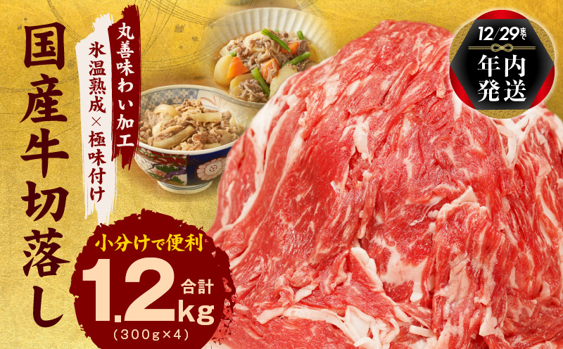 【TVで紹介されました！】国産牛 切り落とし 1.2kg 小分け 300g×4P【年内発送 国産 牛肉 氷温熟成×極味付け 訳あり サイズ不揃い カレー 牛丼 野菜炒め 肉じゃが 家計応援】 within2024 mrz0006y