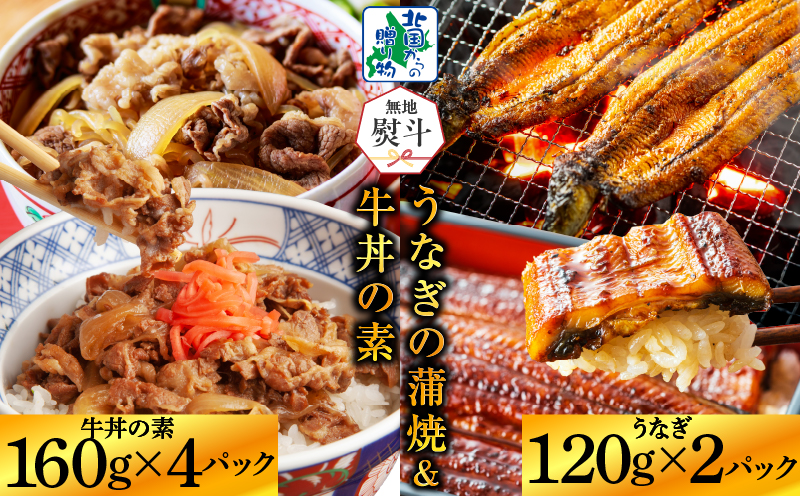 【無地熨斗】五郎藤 国産 関西風 地焼き有頭旨鰻 120g×2尾＆黒毛和牛で作った牛丼の素 160g×4パック 丼食べ比べ G1558-1