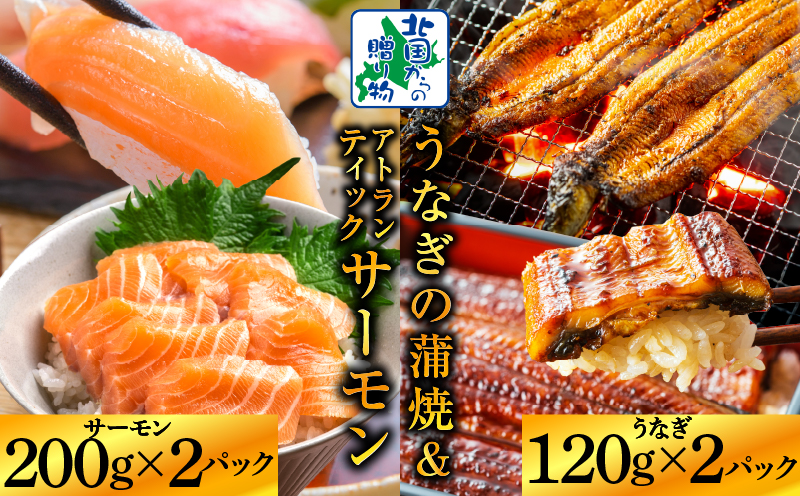 【食べ比べ】五郎藤 国産 関西風 地焼き有頭旨鰻 120g×2尾＆アトランティックサーモン 200g×2パック G1566