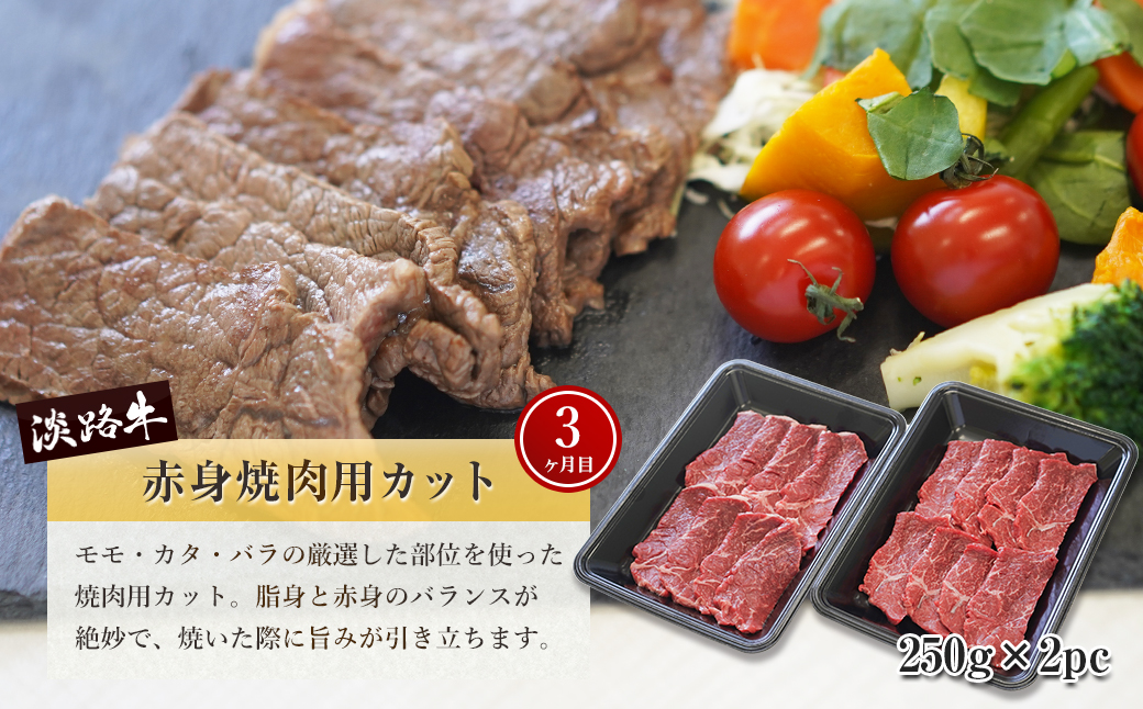 【定期便3ヶ月】淡路牛 赤身肉の定期便 500g×3ヶ月（赤身ミニステーキ・赤身サイコロステーキ・赤身焼肉用カット）　　[定期便 赤身 ステーキ 焼肉 定期便 赤身 赤身肉 ステーキ 焼肉]