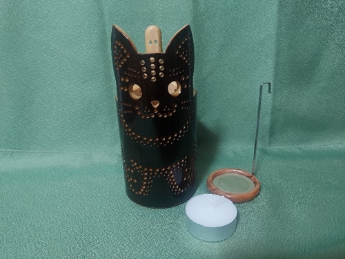 竹製キャンドルホルダー 猫 Ｋ-1 (表皮焦がしタイプ) ／ 天然素材 癒し 環境保全 おうち時間 ネコ ねこ キャンプ