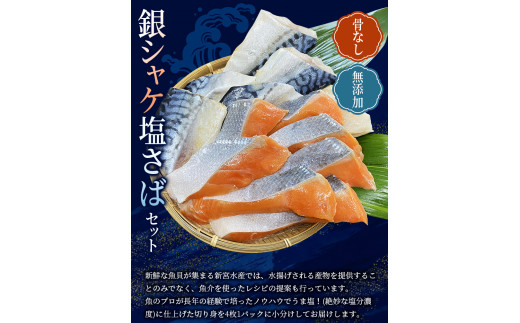 骨無し 無添加 銀シャケ切身と塩さばのセット！銀シャケ8枚塩サバ8枚　約900g（計16枚） / サケ 鮭 シャケ サバ 塩サバ 冷凍 おかず 魚 お魚 魚介 海鮮 安心 人気 大容量 小分け ごはんのお供 ふっくら やわらか 美味しい 焼き魚 骨なし【nss512】