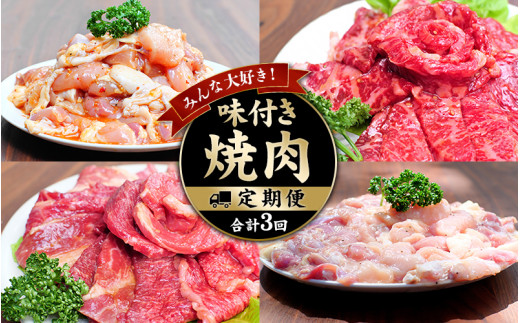 みんな大好き！味付き焼肉定期便【合計3回】 / 肉 牛肉 牛 鶏肉 小分け 味 焼き肉 焼肉 【tkb148】