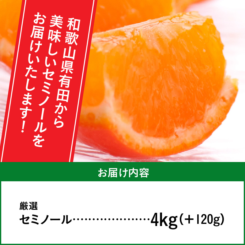 ZH7013_＜4月より発送＞厳選 セミノールオレンジ4kg+120g（傷み補償分）（有田産）（光センサー選別）