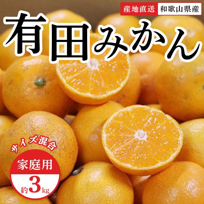 和歌山県産　有田みかん　3kg　家庭用
※着日指定不可
※北海道・沖縄・離島への配送不可
※2023年11月上旬～2024年1月下旬頃に順次発送予定