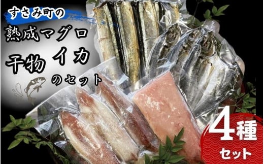 すさみ町の熟成マグロ・イカ・干物のセット（まぐろ200g～300g×1本 、イカ×3～5枚 、干物×6枚【あじ開き×3 、さんまみりん干し×3】）/ まぐろ 鮪 いか アジ サンマ  詰め合わせ