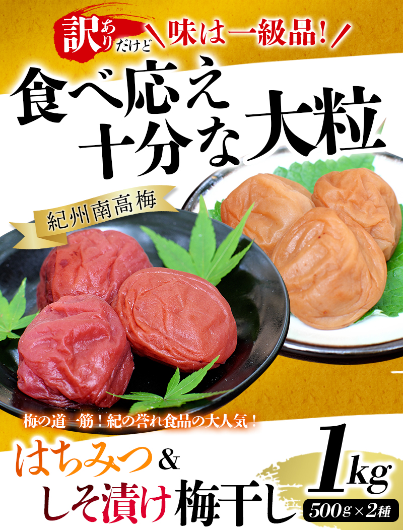 紀州南高梅 大粒 食べ比べセット 1㎏ (はちみつ500g・しそ漬500g) 塩分約8% 無選別 ご家庭用 訳あり 梅 梅干 梅干し うめ ウメ ハチミツ シソ 小分け すさみ町 【khs122】