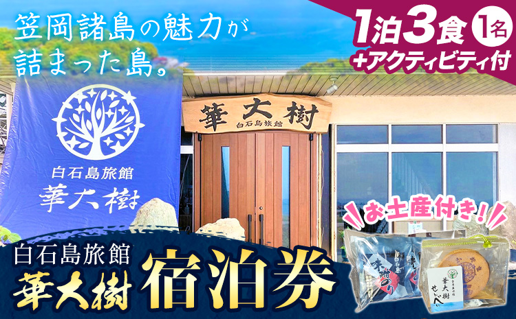 白石島旅館 華大樹 宿泊券 1泊3食付 ＋アクティビティ (1名) 華大樹《30日以内に出荷予定(土日祝除く)》岡山県 笠岡市 送料無料 チケット 食事 付き 宿泊 旅行 笠岡諸島