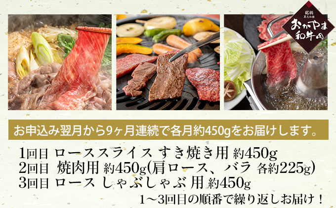 定期便 9ヶ月 おかやま 和牛肉 A4等級以上 食べ比べ 毎月 約450g×9回 牛 赤身 肉 牛肉 冷凍