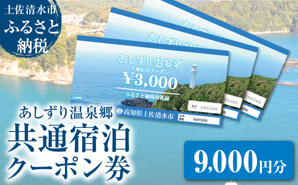 あしずり温泉郷 共通宿泊クーポン券 9,000円分 あしずり温泉郷 旅行券 トラベル ペア 家族 温泉 ホテル 観光 旅行 国内旅行 宿泊 宿泊施設 自然 旅館 高知県 土佐清水市【R01315】