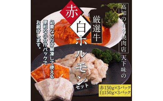 赤ホルモン＆白ホルモンセット 天下味オリジナル本格コチュジャン（150g×3パック）と本格塩ダレ漬け（150g×3パック）セット 人気 牛肉 お肉 小腸 焼き肉 タレ 焼肉 BBQ バーベキュー 冷凍 小分け おつまみ どんぶり お手軽 食べて応援