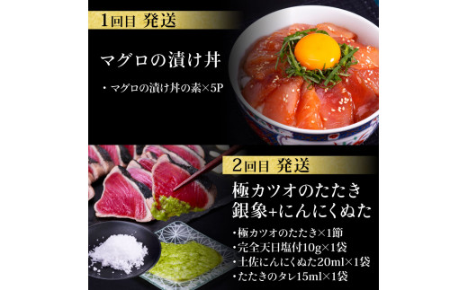 コロナ支援事業者さんを救いたい5か月定期便／1回目:マグロの漬け丼、2回目:極カツオのたたき×2節・銀象ソルト+土佐にんにくぬた、3回目:赤＆白ホルモンセット、4回目:塩昆布14日間熟成マグロ赤身＆中トロセット、5回目:「西岡うなぎ」蒲焼き2尾セット～並～