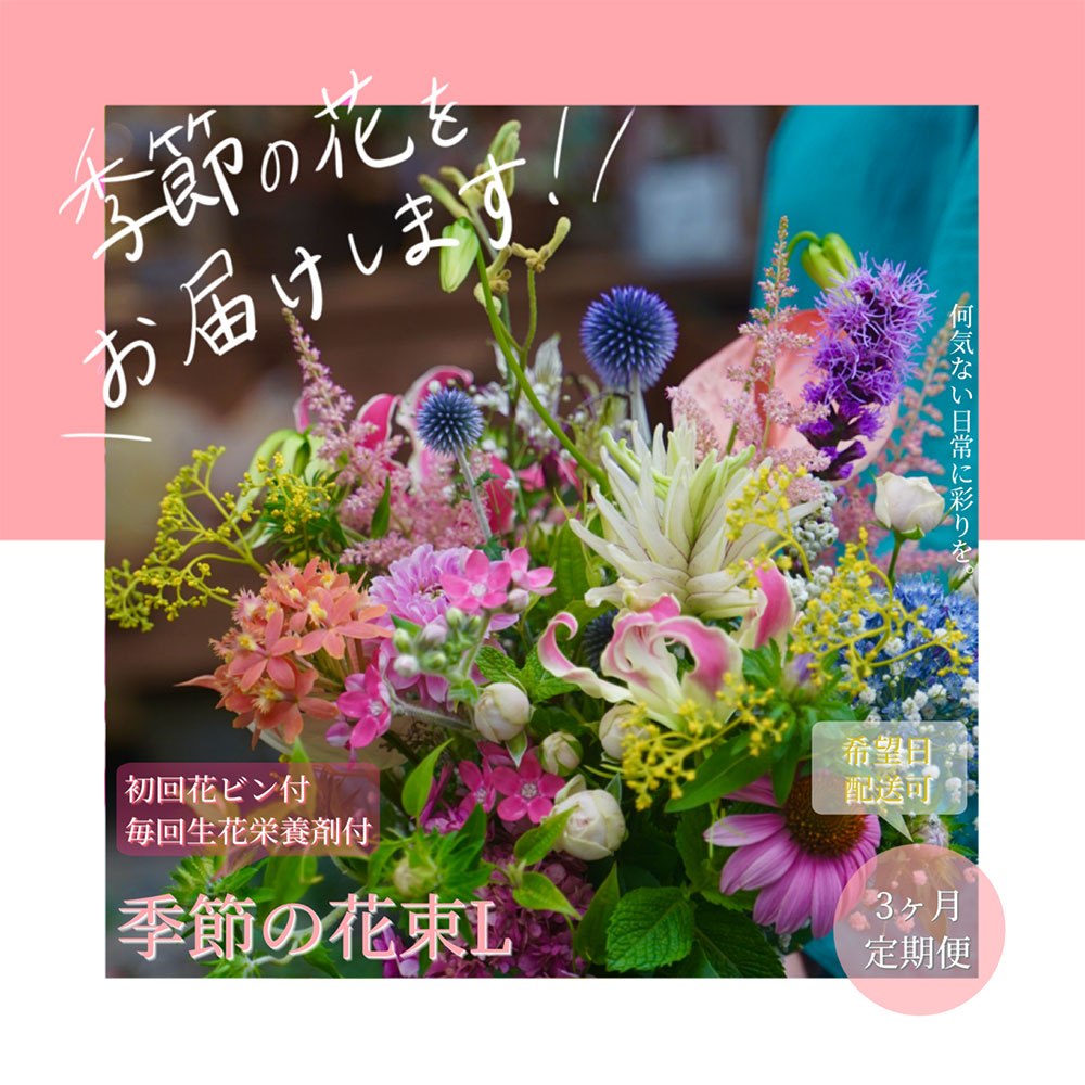 《3ヵ月定期便》生花花束 ブーケ 初回花瓶付L 定期便 定期コース 全3回 初回花瓶付き 延命剤付き 花びん 生花 花束 ブーケ 花 お花 おすすめ 可愛い キレイ おしゃれ 季節のお花