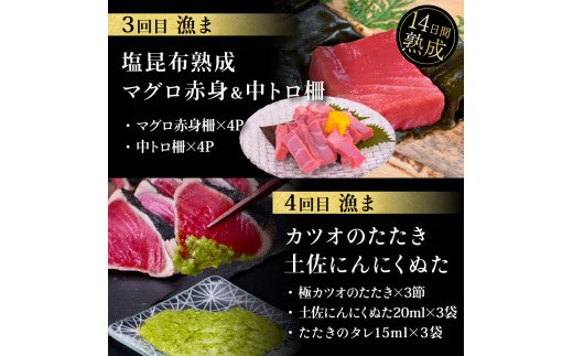 漁ま＆天下味“土佐人気料理店”芸西村本気の6か月定期便(ご家族満喫)/1回目:カツオたたき 銀象、2回目:赤白ホルモン、3回目:塩昆布熟成赤身＆中トロ、4回目:カツオたたき 土佐にんにくぬた、5回目:うなぎの蒲焼〈特大+大〉、6回目:ダブルエイジング和牛牛タン1本