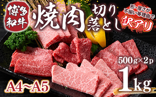 訳あり！【A4〜A5】博多和牛焼肉切り落とし(肩ロース・バラ）　1ｋｇ（500ｇ×2ｐ）	DX040