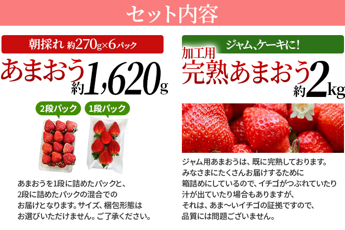 あまおう約270ｇ×6パック ＋ ジャムやケーキなど加工用 完熟あまおうの山もり2箱（約1kg/箱）　CE03