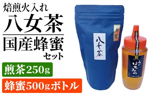 焙煎火入れ八女茶・国産蜂蜜セット(煎茶250g・蜂蜜500gボトル）　BM010