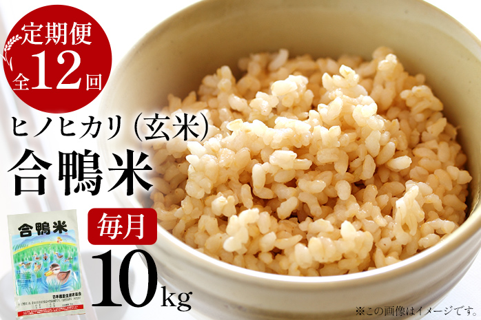 令和6年産 予約 合鴨米「ヒノヒカリ」（玄米・10ｋｇ）定期便12回コース　BI07　※2024年10月中旬より順次出荷予定