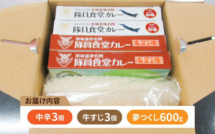 隊員食堂カレー（中辛２個・牛すじ２個）・お米600ｇセット《築上町》【NPO法人築上町観光協会】贈答 限定 レトルト 個包装 夢つくし [ABAX006]