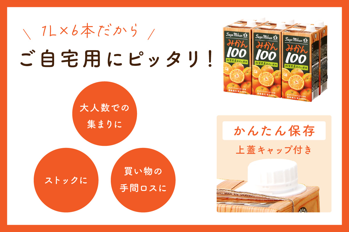 【佐賀県産温州みかん使用】 みかんジュース さがみかん100　1L×6本 果汁100% A042