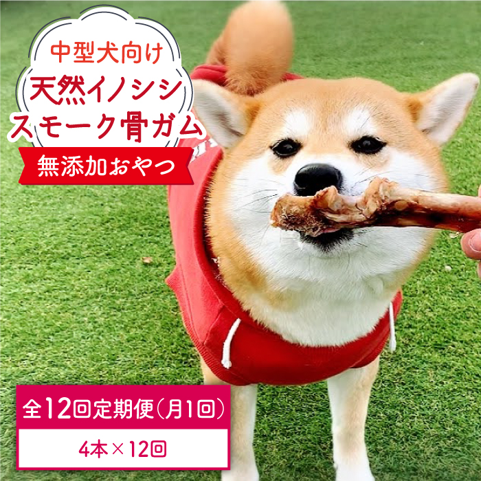 ＜12回定期便＞中型犬向け☆天然いのししのスモーク骨ガム4本 わんこin食堂/吉野ヶ里町 [FCG075]