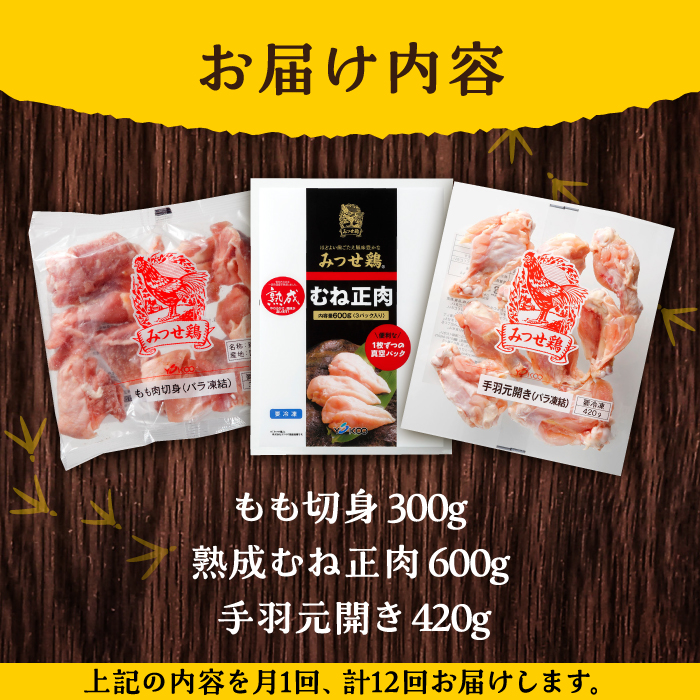 【12回定期便】みつせ鶏精肉3種（もも・むね・手羽元）食べ比べセット ヨコオフーズ/吉野ヶ里町 [FAE153]