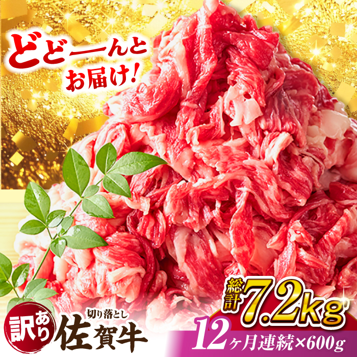 【全12回定期便】【不揃い訳あり・部位おまかせ】佐賀牛 切り落とし 肩orバラ 計7.2kg （600g×12回） 吉野ヶ里町 [FDB029]